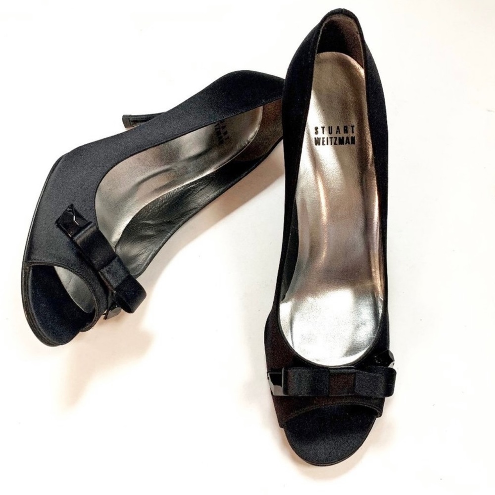 Stuart Weitzman “Bowregard” Black Satin Peep Toe Heels